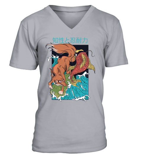 Vintage Japanese Fox and Fish V-Neck T-shirt