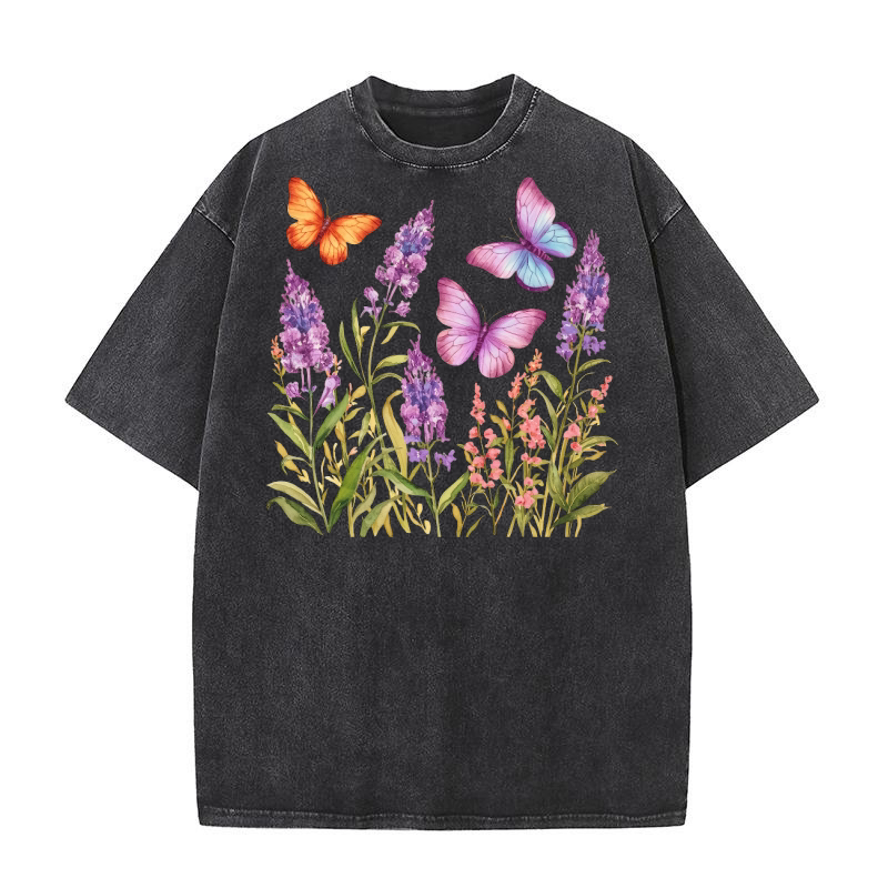 Butterfly on Wildflowers Washed T-Shirt