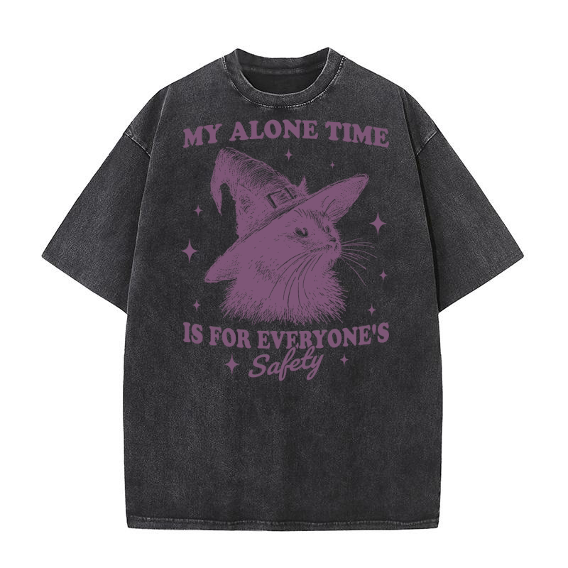 Cat Witch Hat Halloween L Purple Washed T-Shirt