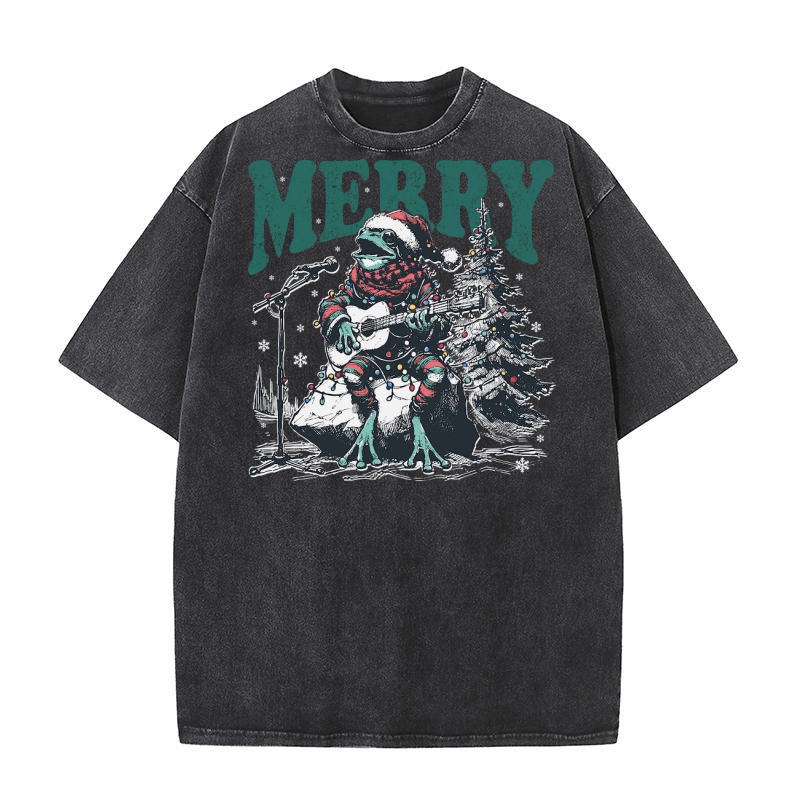 Merry Christmas Frog Playing Guitar D Black White Red Green 3 Washed T-Shirt