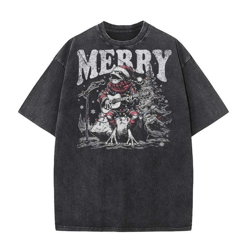 Merry Christmas Frog Playing Guitar D Black White Red TR GR Washed T-Shirt