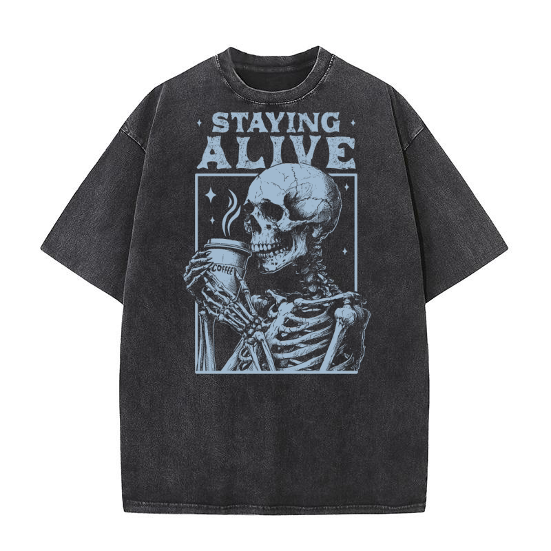 Staying Alive Skeleton Coffee D Grey Washed T-Shirt