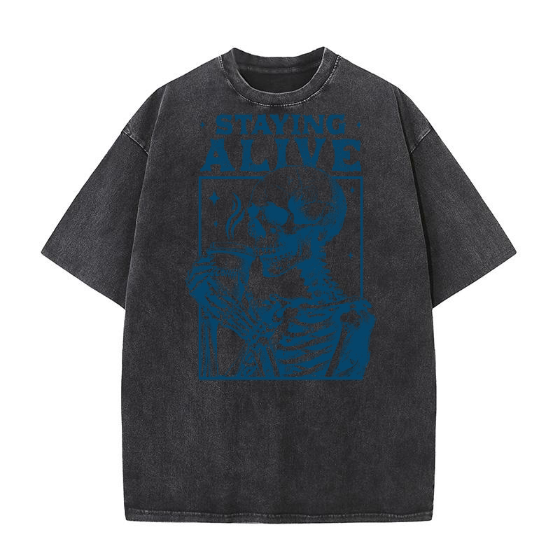 Staying Alive Skeleton Coffee L Blue Washed T-Shirt