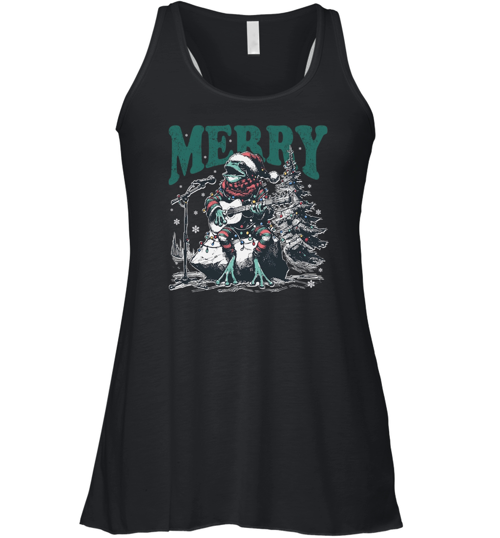 Merry Christmas Frog Playing Guitar D Black White Red Green 3 Women's Flowy Tank Top