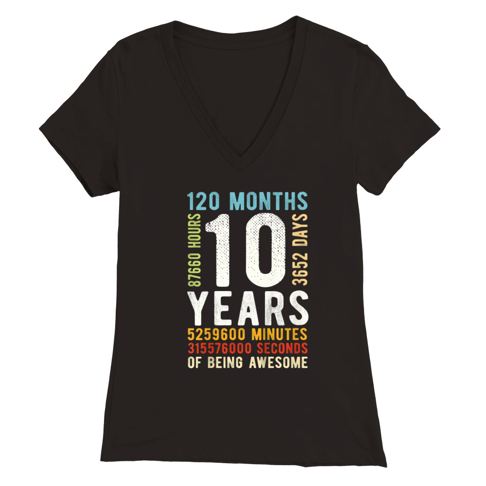 Kids 10th Birthday 10 Years Old Vintage Retro 120 Months Premium Womens V-Neck T-shirt