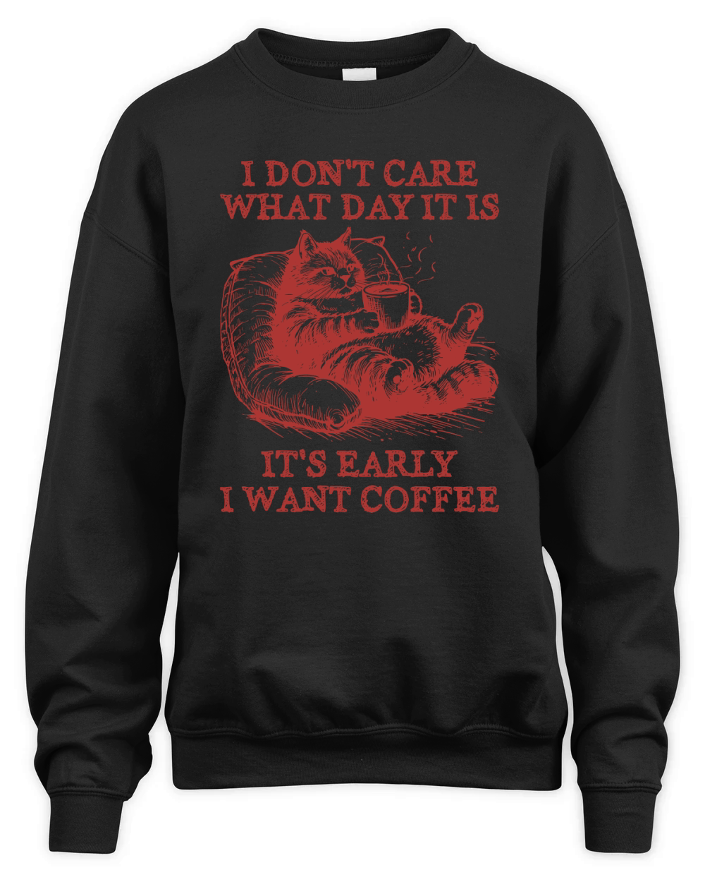 Cat Don’t Care Just Want Coffee L Red Unisex Premium Crewneck Sweatshirt
