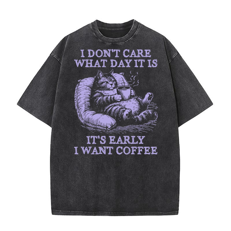 Cat Don’t Care Just Want Coffee D Violet Washed T-Shirt