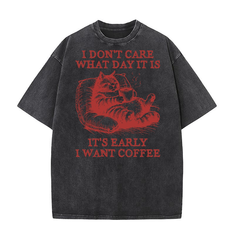 Cat Don’t Care Just Want Coffee L Red Washed T-Shirt