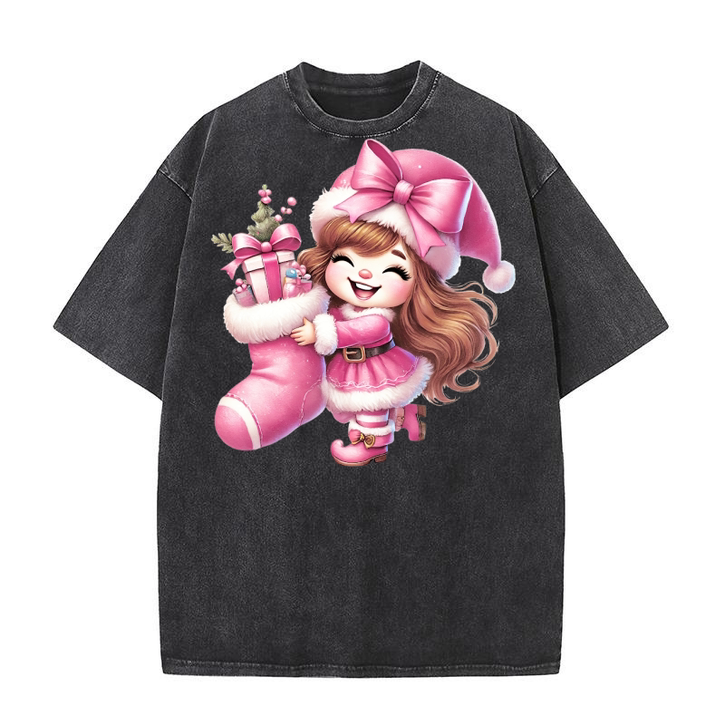 Cute Pink Christmas Coquette Gnome 04 Washed T-Shirt