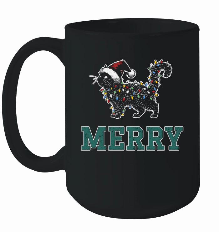 MERRY CAT WRAPPED BY CHRISTMAS LIGHTS D Color 3 Ceramic Mug