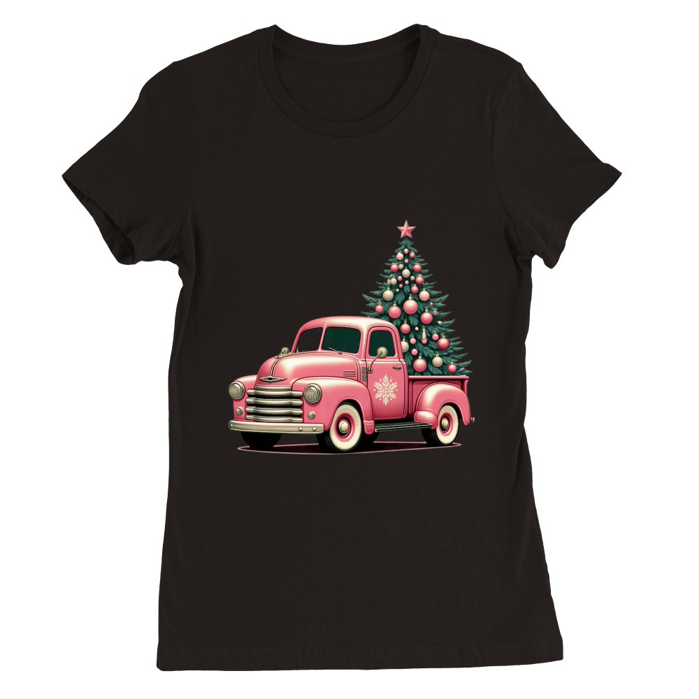 Retro Pink Christmas Truck with Tree Clipart (1) Premium Womens Crewneck T-shirt
