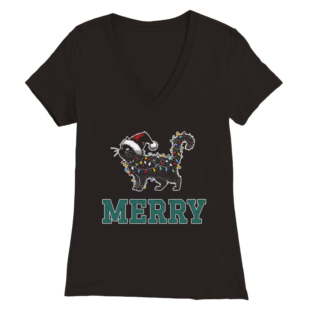 MERRY CAT WRAPPED BY CHRISTMAS LIGHTS D Color 3 Premium Womens V-Neck T-shirt