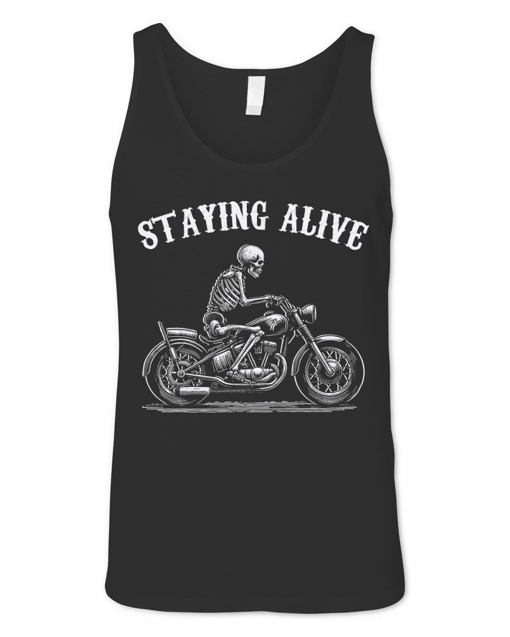 Staying Alive Skeleton riding Motorcycle D White GR Unisex Jersey Tank