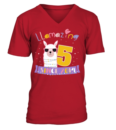 Girls 5th Birthday "LLamazing Since 2014" V-Neck T-shirt