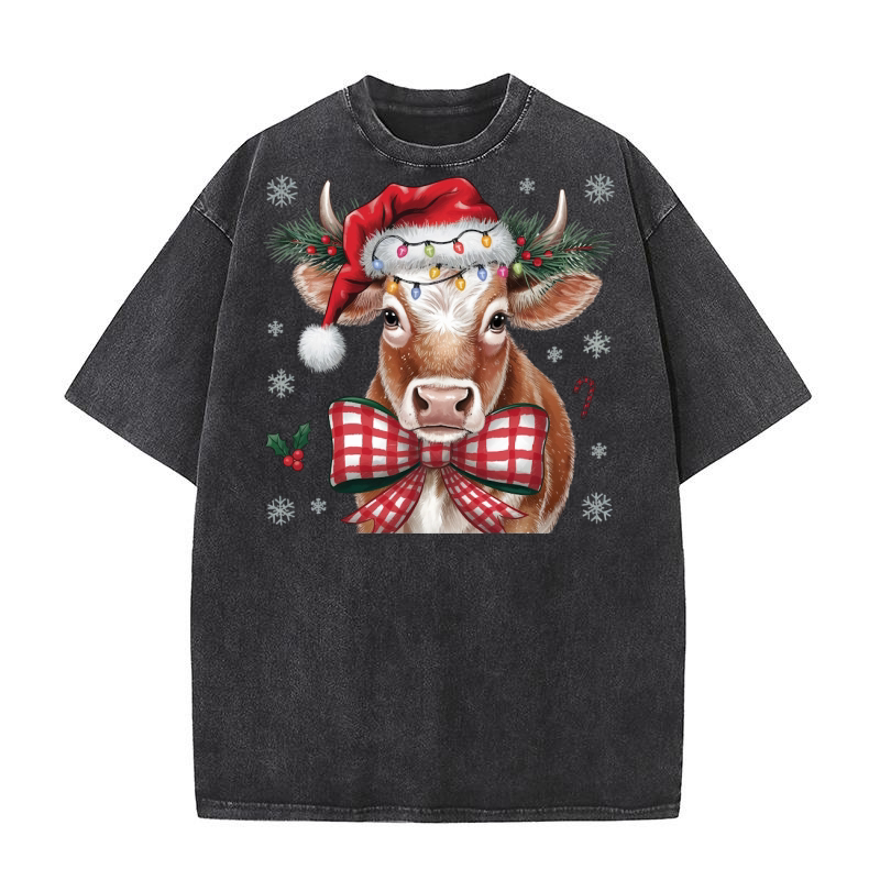 Christmas Cow coquette bow 2 Washed T-Shirt