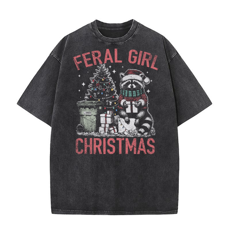 Feral Girl Christmas Raccoon D Red TR Washed T-Shirt
