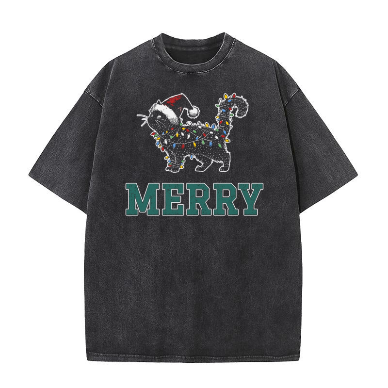 MERRY CAT WRAPPED BY CHRISTMAS LIGHTS D Color 3 Washed T-Shirt