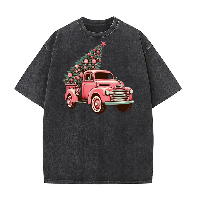 Retro Pink Christmas Truck with Tree Clipart (3) Washed T-Shirt