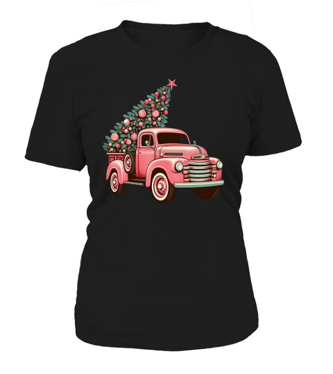 Retro Pink Christmas Truck with Tree Clipart (3) Women's T-Shirt