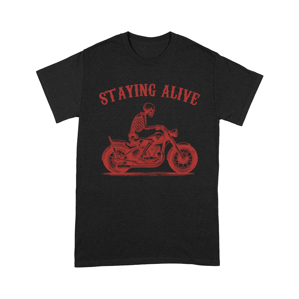 Staying Alive Skeleton riding Motorcycle L V2 Red Comfort T-shirt