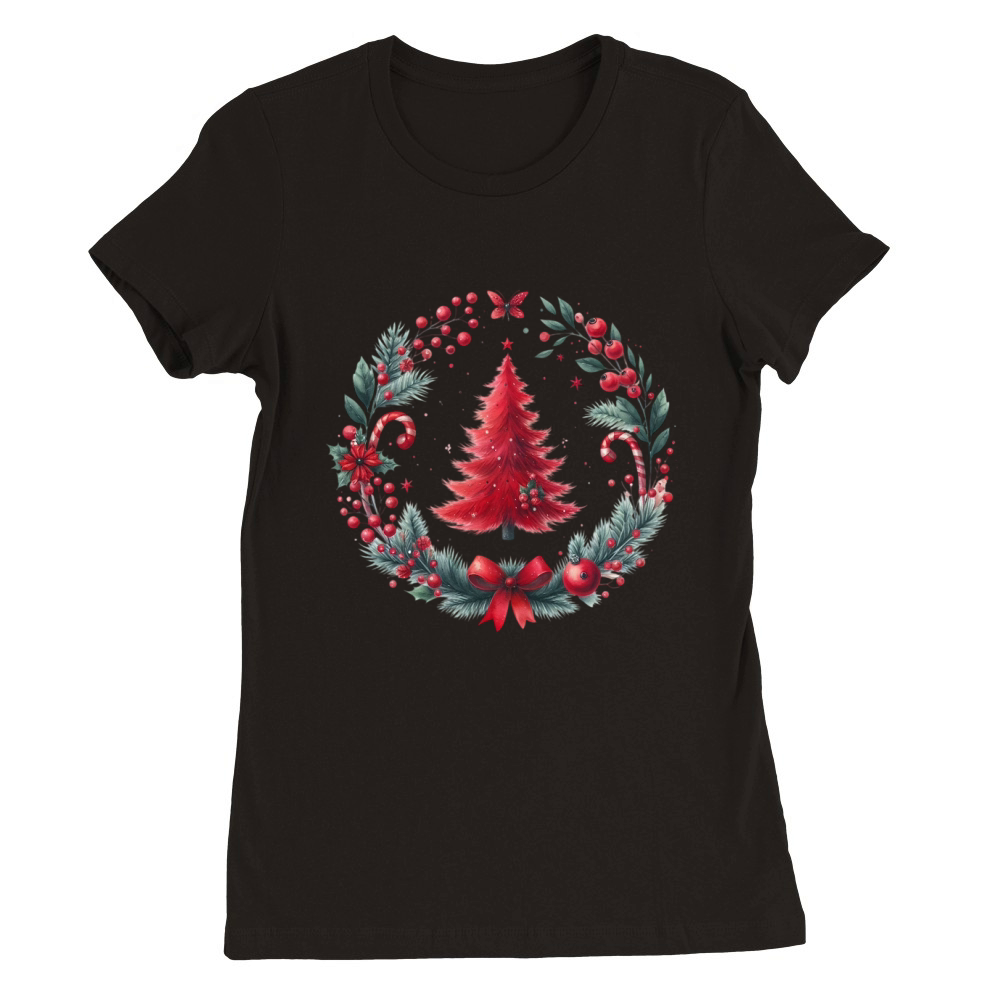 Watercolor Christmas Red tree Premium Womens Crewneck T-shirt