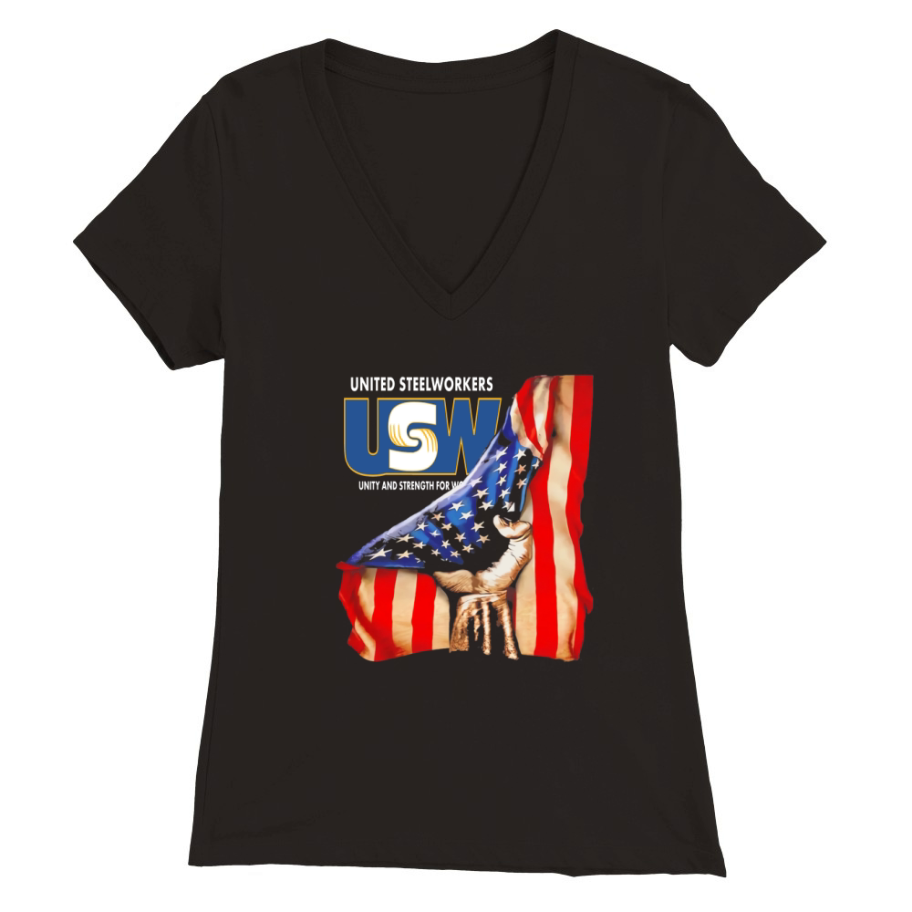 United Steelworkers Unity And Strength For Workers American Flag - Unisex Long Sleeve Premium Womens V-Neck T-shirt