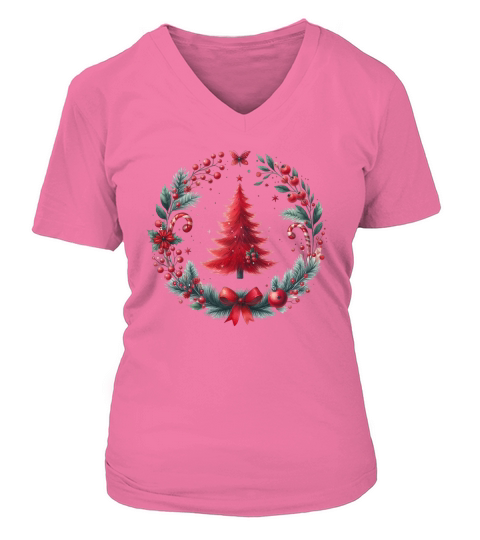 Watercolor Christmas Red tree V-neck T-Shirt Woman