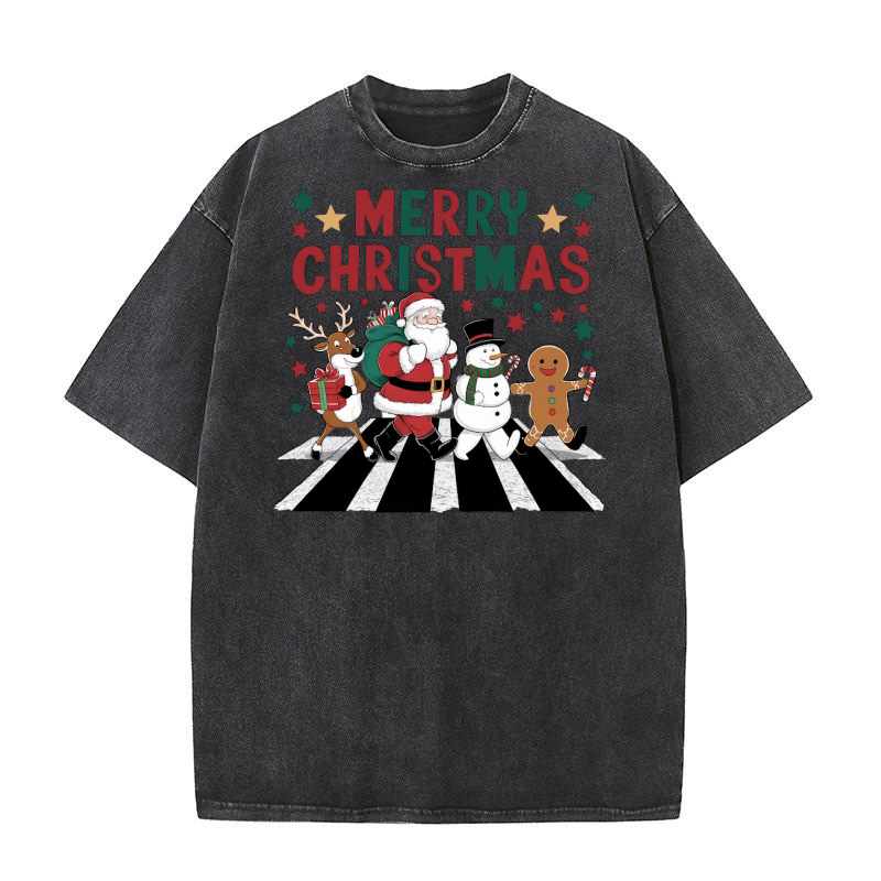 Cute Christmas Reindeer Santa Snowman Washed T-Shirt
