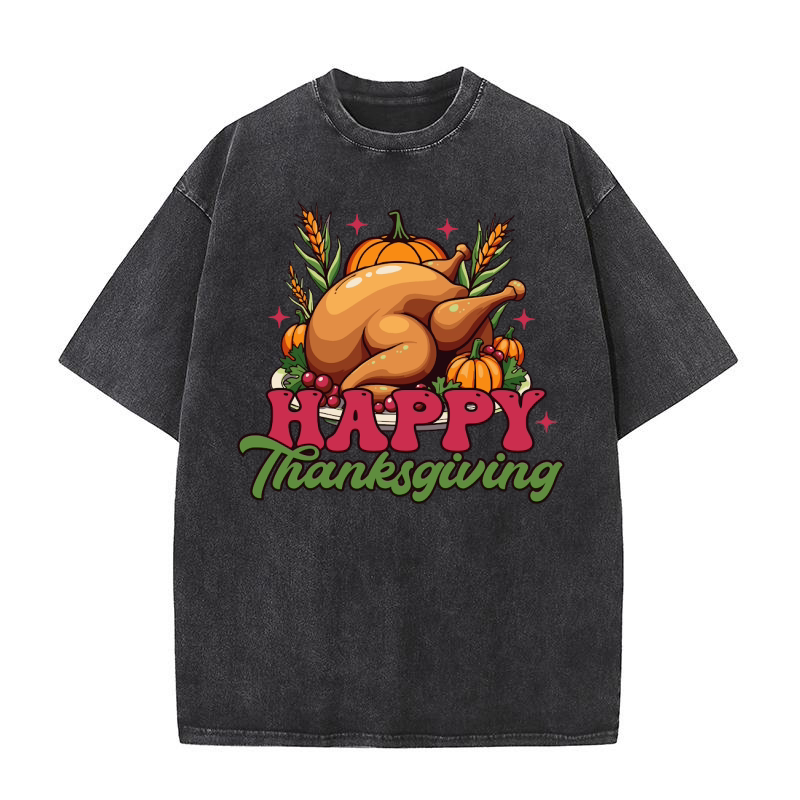 Happy Thanksgiving Roasted turkey graphic design vector art Washed T-Shirt