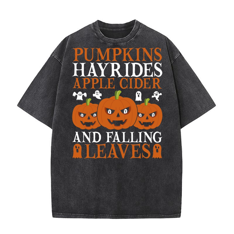 Pumpkins Hayrides Apple Cider and Falling Leaves Washed T-Shirt