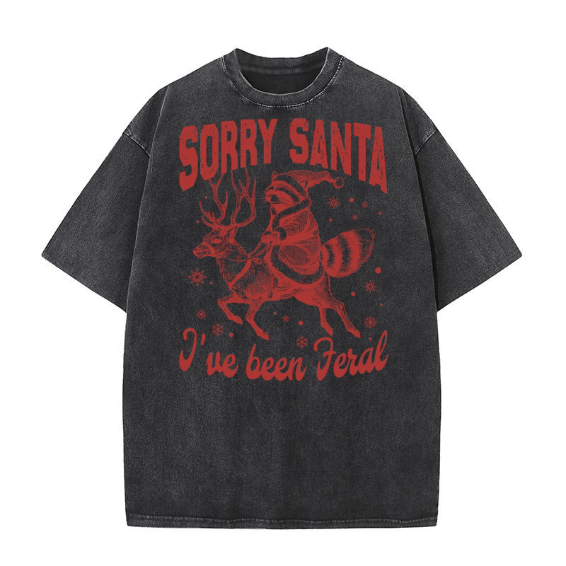 Raccoon Santa Riding Reindeer L Red Washed T-Shirt