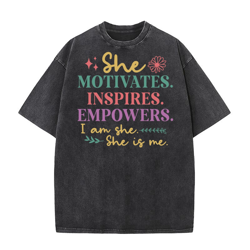 She Motivates Inspires Empowers Washed T-Shirt