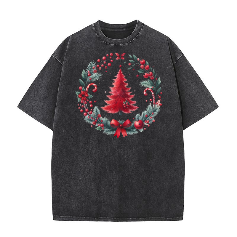 Watercolor Christmas Red tree Washed T-Shirt