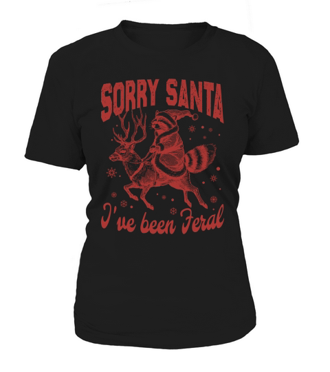 Raccoon Santa Riding Reindeer L Red Women's T-Shirt