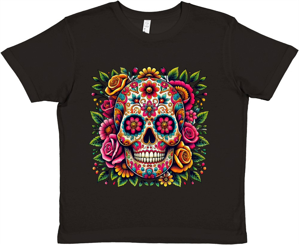 Sugar Skull with Colorful Floral Premium Kids Crewneck T-shirt