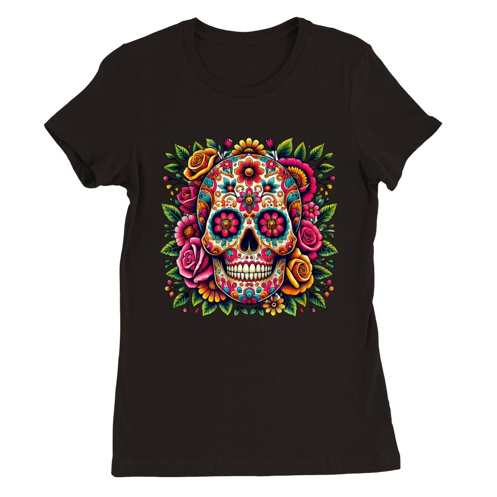 Sugar Skull with Colorful Floral Premium Womens Crewneck T-shirt