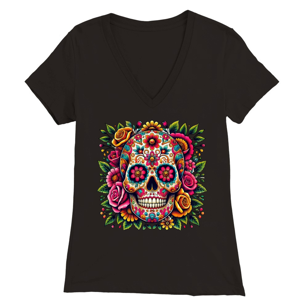 Sugar Skull with Colorful Floral Premium Womens V-Neck T-shirt