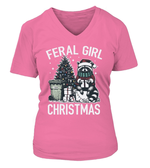 Feral Girl Christmas Raccoon D Color V-neck T-Shirt Woman