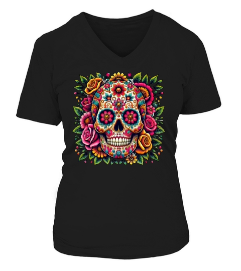 Sugar Skull with Colorful Floral V-neck T-Shirt Woman