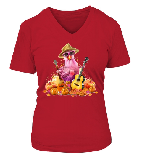 Turkey Hen Playing Guitar Thanksgiving 02 V-neck T-Shirt Woman