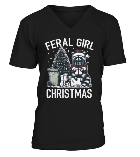 Feral Girl Christmas Raccoon D Color V-Neck T-shirt