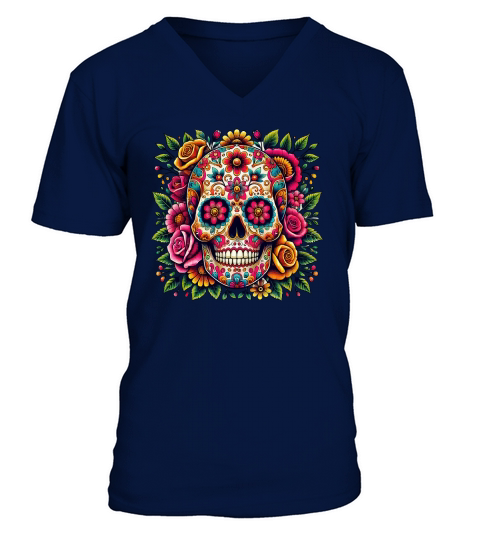 Sugar Skull with Colorful Floral V-Neck T-shirt