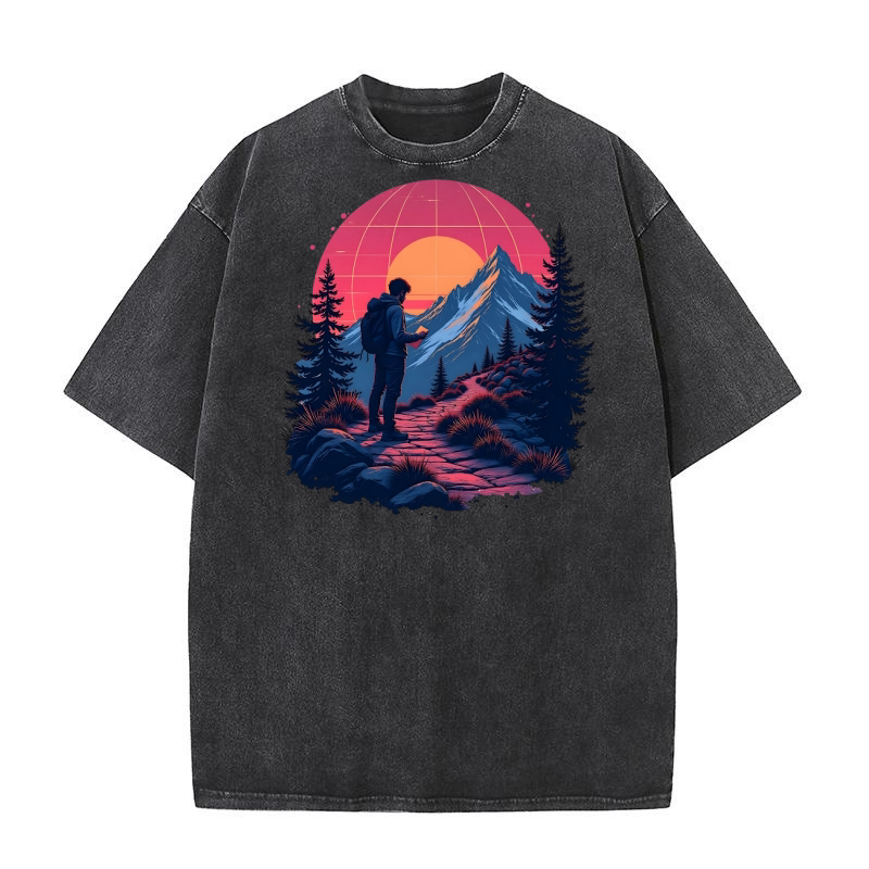 A Man Climbs A Hill At Sunset 1 Washed T-Shirt