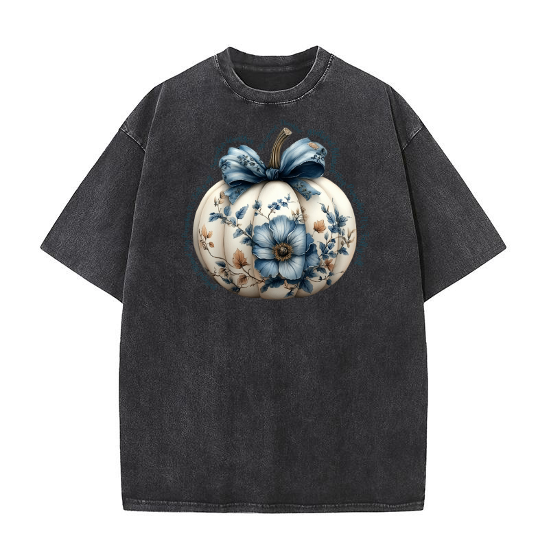Blue Floral Pumpkin 5 Washed T-Shirt