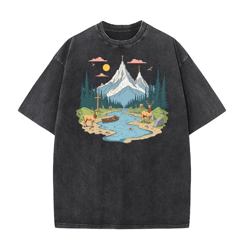 Nature Scene with River and Deer 2 Washed T-Shirt