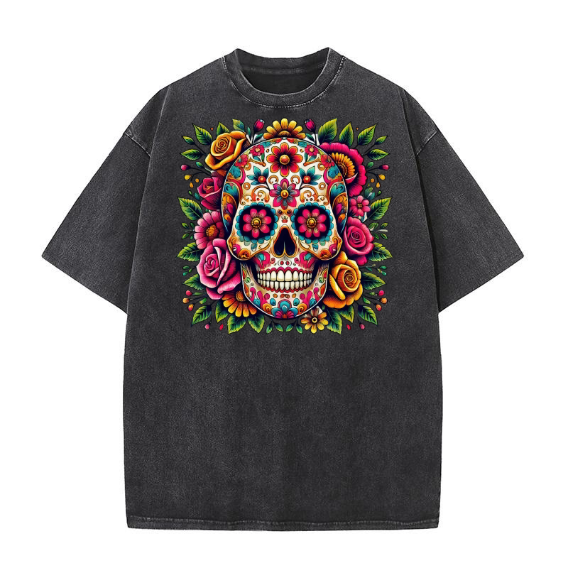 Sugar Skull with Colorful Floral Washed T-Shirt