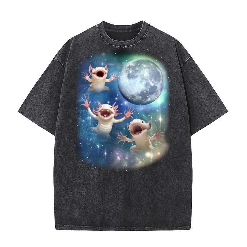 Three Axolotl Moon Weird Cursed Washed T-Shirt