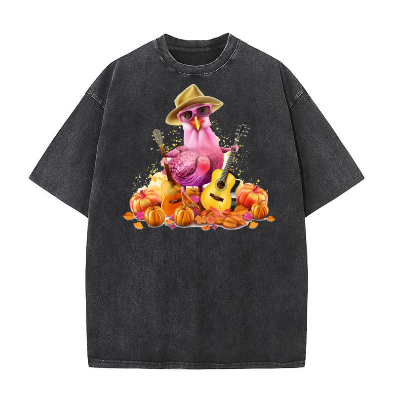 Turkey Hen Playing Guitar Thanksgiving 02 Washed T-Shirt
