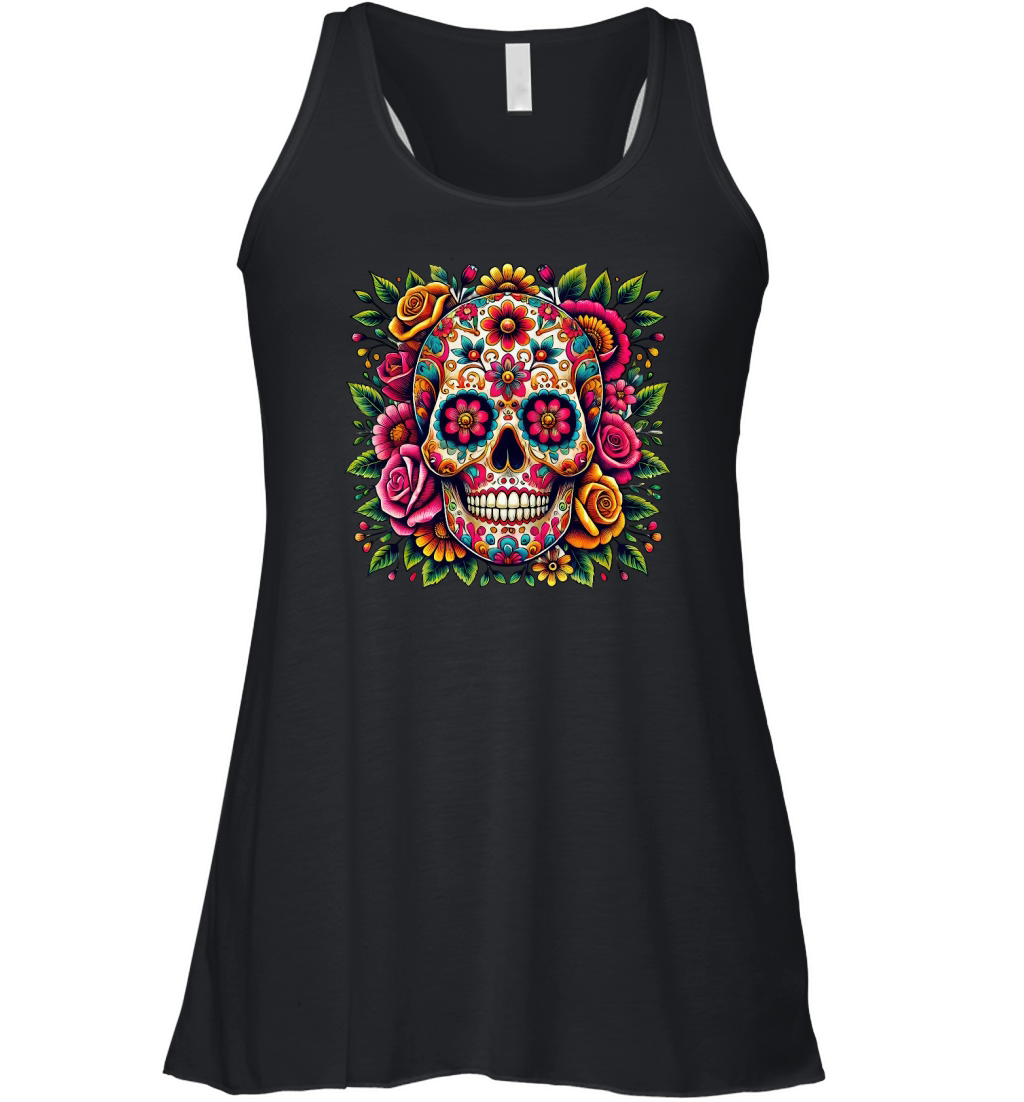 Sugar Skull with Colorful Floral Women's Flowy Tank Top