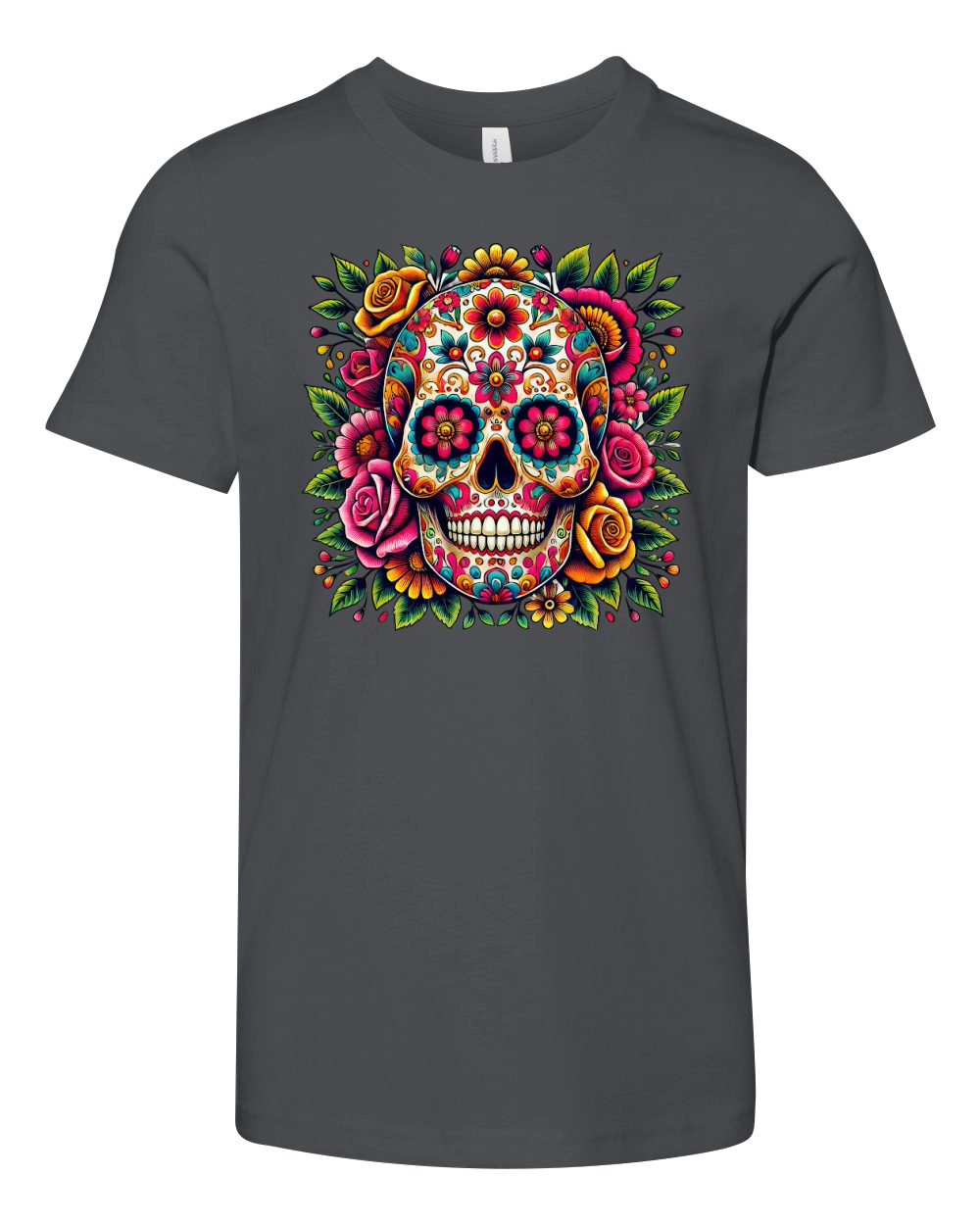 Sugar Skull with Colorful Floral Youth Unisex Jersey Tee